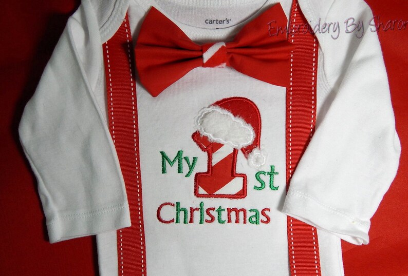Baby's Boy's First  First Christmas - Suspenders and Bow tie attached, Boys Personalized Christmas Outfit, 
