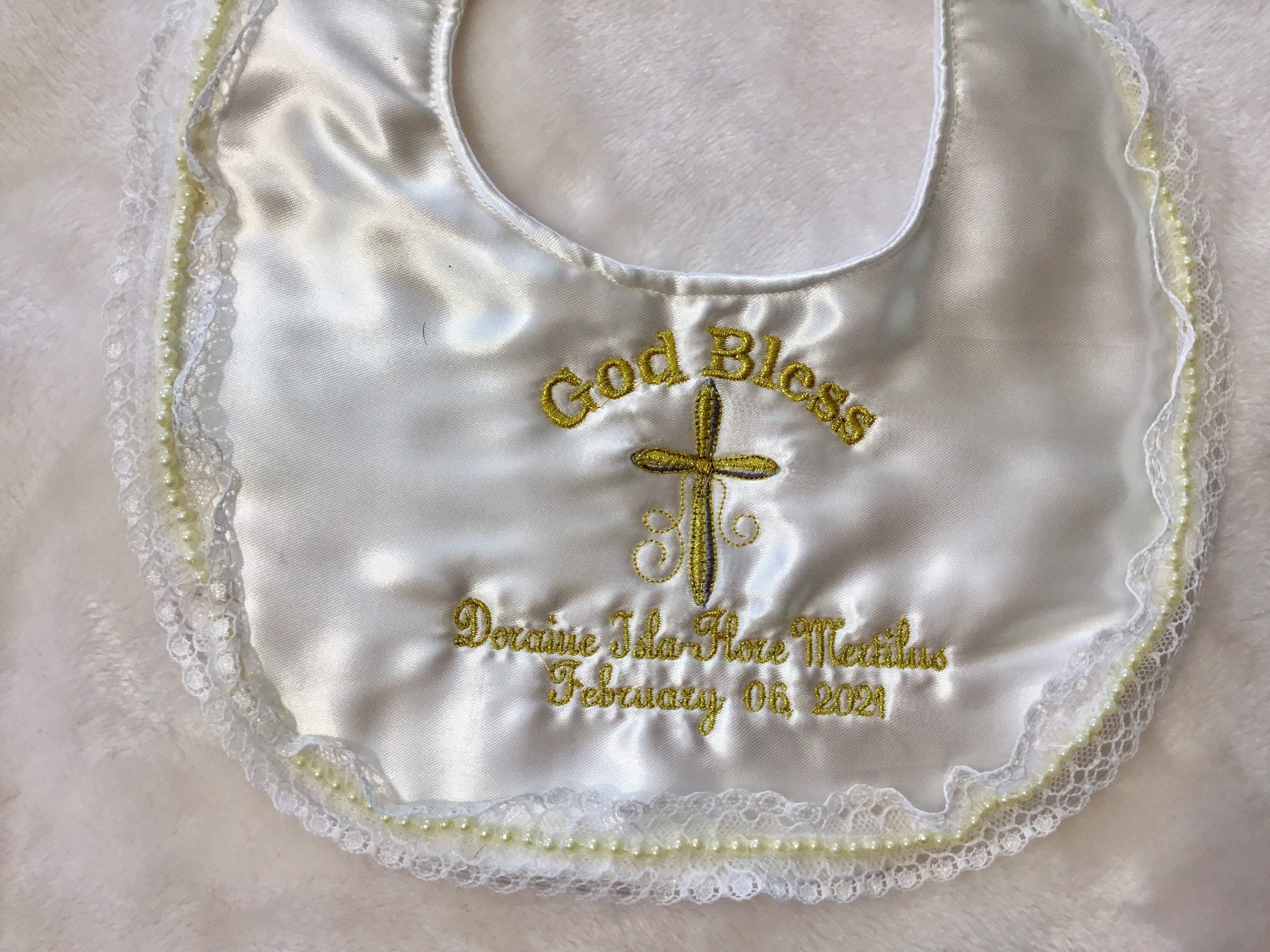Personalized Baptism white Satin Bib / Christening Bib Etsy