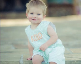 Boys Seersucker or Gingham Jon jon, Seersucker Romper, Monogrammed Boys Spring, summer outfit, Boys rompers infant to 3T