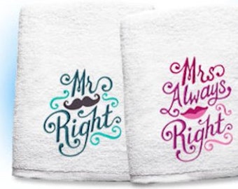 His & Hers towels, Couple beach towels or bath towels, Mrs always right, Mr Mrs bath towel set, Anniversary gifts, wedding shower gifts