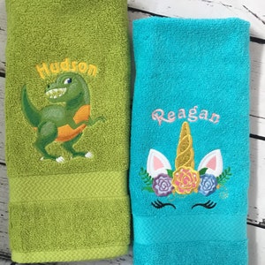 Kids Hand towels personalized in many kid animals and themes, order one or all, Name added above animal free