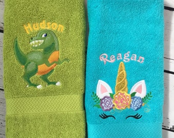 Kids Hand towels personalized in many kid animals and themes, order one or all, Name added above animal free
