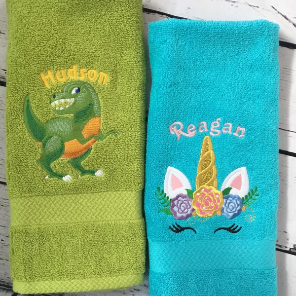 Kids Hand towels personalized in many kid animals and themes, order one or all, Name added above animal free