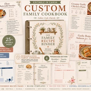 Puede incluir: Un kit de carpeta de recetas familiares personalizable que incluye una portada con ilustraciones florales, varias plantillas de páginas de recetas, listas de ingredientes e instrucciones. El diseño presenta textos como Custom Family Cookbook, Our Family Recipe Binder y títulos de recetas como Classic Buttermilk Pancakes y Creamy Garlic Chicken Pasta.