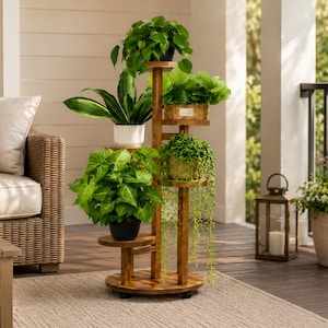 5-Tier Wooden Plant Stand, Indoor Corner Plant Shelf, Flower Pot Display Rack, Rustic Plant Holder for Living Room, Balcony, Patio & Garden