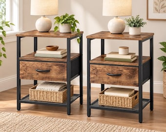 Modern Nightstand Set of 2 with Fabric Drawer and Mesh Shelf for Bedroom, Living Room