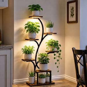 May include: A tall, black metal plant stand with multiple wooden shelves arranged in a branching design. The stand features integrated LED lighting under several shelves, illuminating various potted green plants in white ceramic containers.