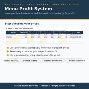 May include: A digital Menu Profit System spreadsheet template for restaurants, cafes, and bakeries. It features a table for calculating plate costs, pricing, and profit, with columns for menu items, target food costs, and total gross profit.