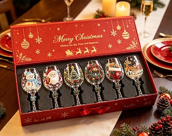 Juego de 6 copas de vino navideñas en caja de regalo, pintadas a mano con Papá Noel, muñeco de nieve y reno. Regalo navideño para amantes del vino y decoración para la mesa de la cena navideña.