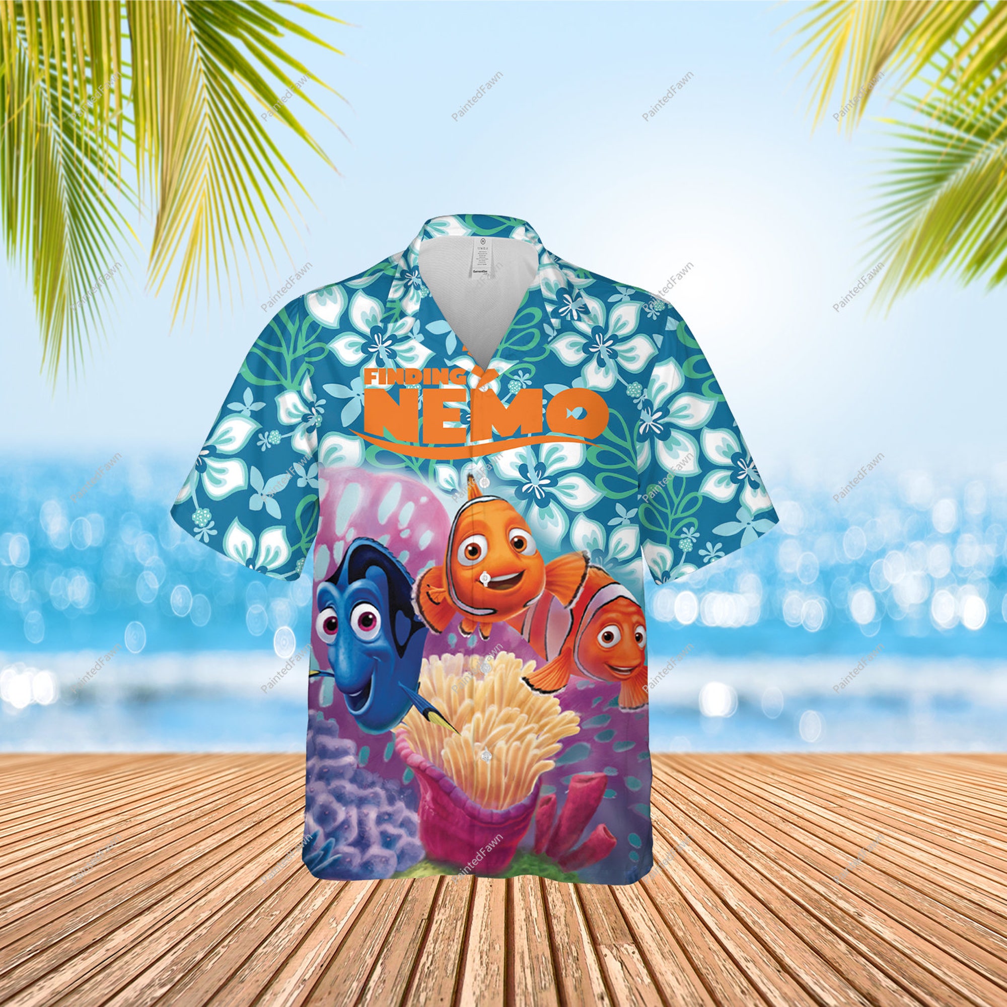 Finding Nemo Hawaiian Button Down Shirt, Fish Summer Tropical Print Hawaii Shirt