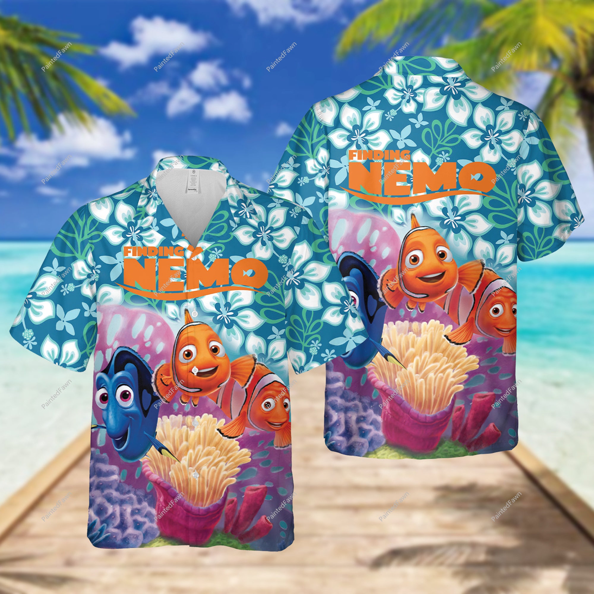 Finding Nemo Hawaiian Button Down Shirt, Fish Summer Tropical Print Hawaii Shirt