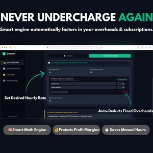 Peut inclure: Une interface numérique pour le logiciel Quote OS avec un calculateur de frais généraux. Le texte indique : NEVER UNDERCHARGE AGAIN, Smart engine automatically factors in your overheads & subscriptions, Set Desired Hourly Rate, et Auto-Deducts Fixed Overheads.