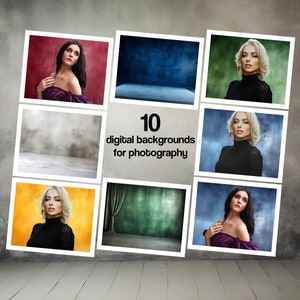 May include: A collage of ten digital backgrounds for photography. Each background features a different colour and texture, including red, blue, green, grey, and yellow. The backgrounds are arranged in a grid pattern, with a title card in the centre that reads "10 digital backgrounds for photography".