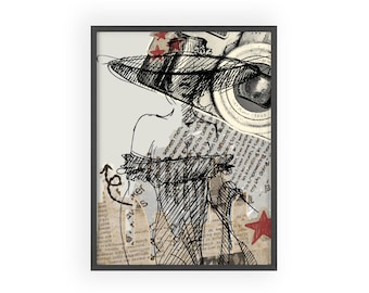 Vintage schetsposter van een vrouw met houten lijst | Mode-illustratie wanddecoratie