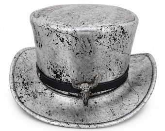 Silver Leather Skull Top Hat, Steampunk Gothic Victorian Hat