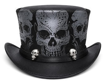 Handcrafted Black Leather Top Hat, Skulls Band Gothic Steampunk Style Cowboy Cap for Men