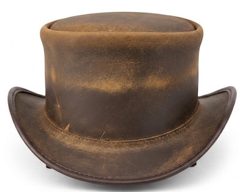 Steampunk leather top hat, vintage style brown, distressed brim