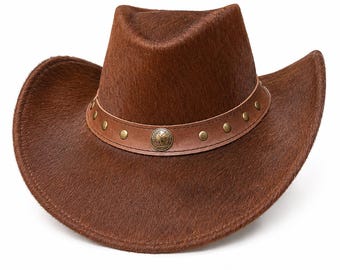 Cowhide Leather Cowboy Hat Brown Western Rodeo Wide Brim Hat