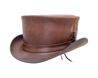 Leather Top Hat Handmade Steampunk Brown Cowhide Feather Band Vintage  Western Style