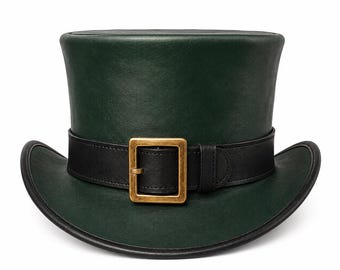 Handcrafted Green Leather Top Hat for Men - Unique Leather Gift