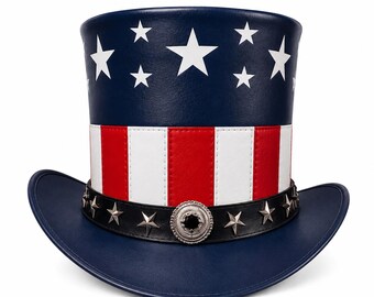 American Flag Leather Top Hat, Patriotic Uncle Sam Western Concho Hat