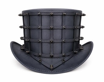 Leather top hat, handcrafted gothic spiked design, steampunk festival headwear