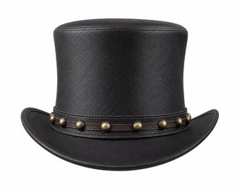 Black Leather Top Hat for Men – Victorian Steampunk Gothic Studded Costume