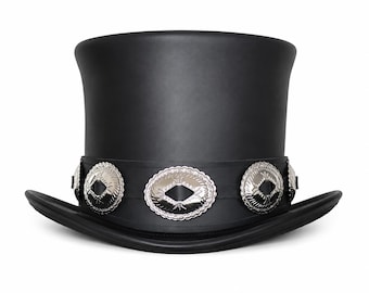 Leather top hat with conchos, rocker black high crown