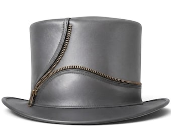Handmade Grey Leather Top Hat | Steampunk Zipper Detail, Gothic Victorian Style