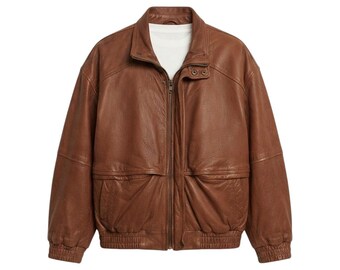 Women's Genuine Cowhide Bomber Jacket Brown Vintage Oversized Handmade Zip-Up Coat