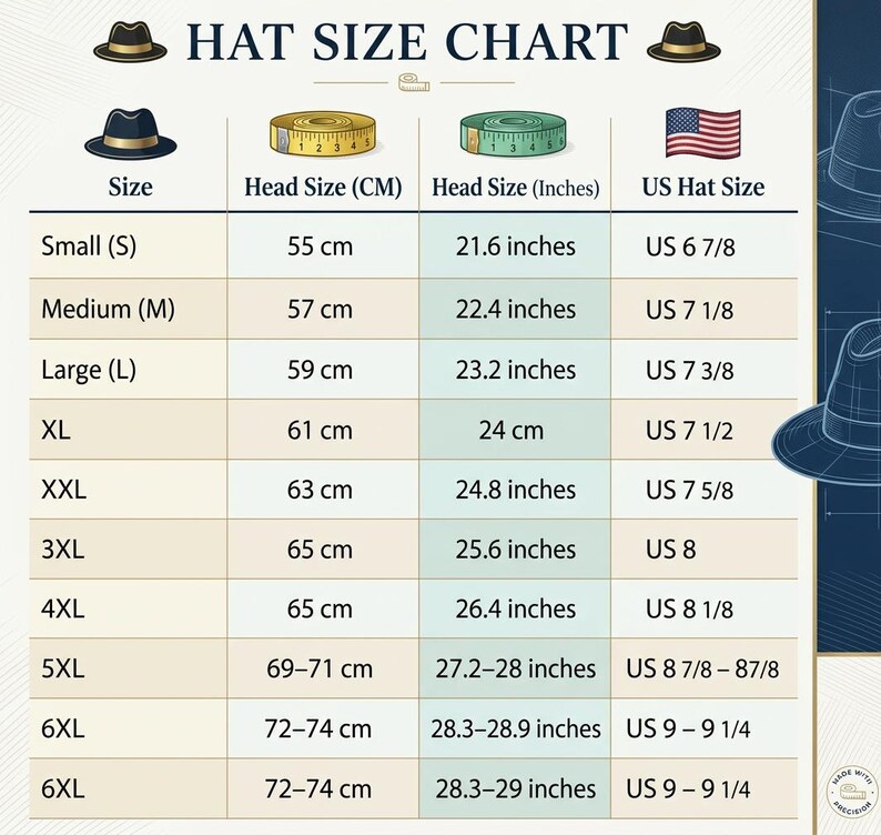 May include: A hat size chart featuring a table with columns for size, head size in centimeters, head size in inches, and US hat size. The chart includes rows from small to 6XL, with icons of hats, measuring tapes, and a US flag at the top.