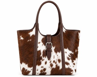 Leather tote bag, cow print western purse, shoulder bag for women