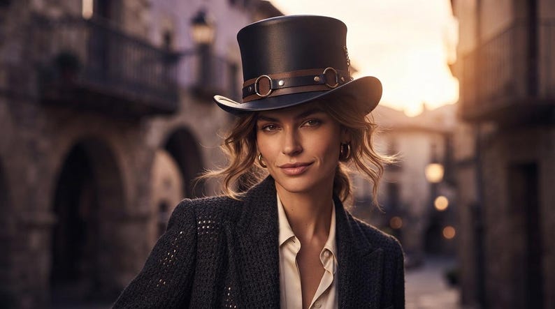 May include: A black top hat featuring a brown leather band adorned with metallic rings and studs. The hat has a structured crown and a curved brim, providing a classic silhouette. It is worn with a dark textured blazer and a light-colored shirt.