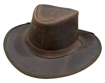 Australian Leather Cowboy Hat, Cowhide Western Outback Style, Wide Brim Rancher