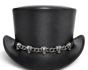 Black Leather Top Hat, Silver Skull Chain Band, Gothic Steampunk Victorian Accessory