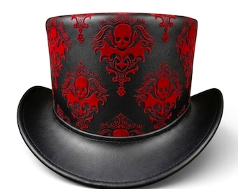 Handmade Black Leather Top Hat, Red Skull Gothic Steampunk Hat