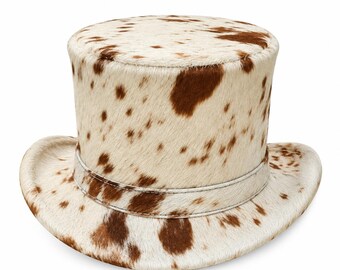 Cowhide top hat, handmade hair-on leather, western spotted, steampunk festival wear
