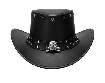 Black Leather Skull Cowboy Hat, Studded Gothic Western Biker Style, Unisex