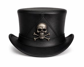 Black Leather Skull Top Hat, Gothic Steampunk Biker Style