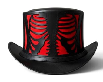 Black Red Leather Skeleton Top Hat, Gothic Steampunk Costume Hat