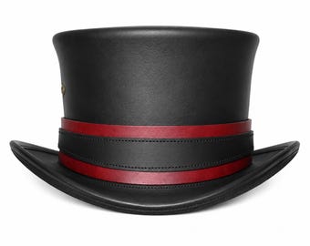 Steampunk leather top hat, black with red band, cosplay costume