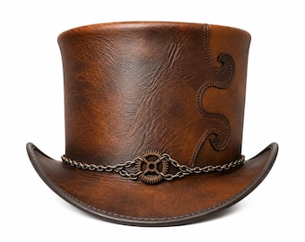 Handmade Brown Leather Top Hat - Steampunk Victorian Cosplay Hat
