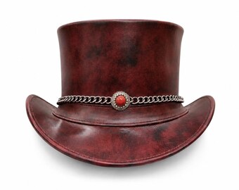 Leather top hat, red distressed, chain band detail, steampunk festival wear