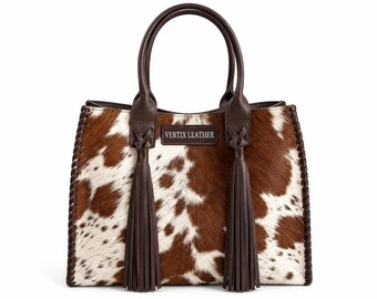 Cowhide monogram tote bag, personalized western leather shoulder bag