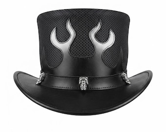 Black Leather Top Hat with Flame & Skull Details – Gothic Biker Style