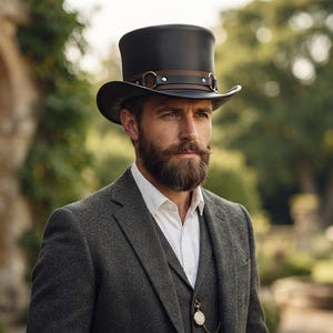 May include: A black top hat featuring a brown leather band with a metallic ring detail, worn with a dark gray wool blazer, a matching vest, and a crisp white collared shirt. A gold pocket watch chain is visible on the vest.