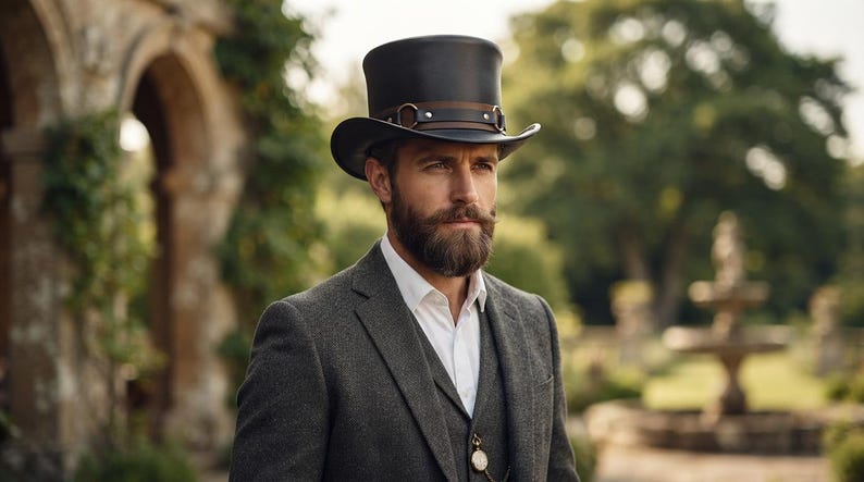 May include: A black top hat featuring a brown leather band with a metallic ring detail, worn with a dark gray wool blazer, a matching vest, and a crisp white collared shirt. A gold pocket watch chain is visible on the vest.