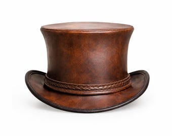 Brown Leather Top Hat, Cowhide Steampunk Hat, Victorian Gothic Style