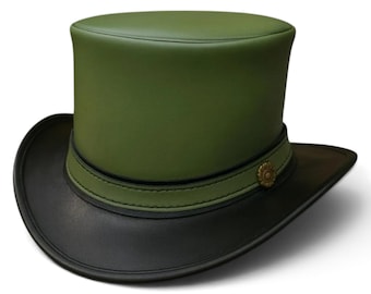 Handmade Green & Black Leather Top Hat, Steampunk Mad Hatter Cosplay (Concho Band)