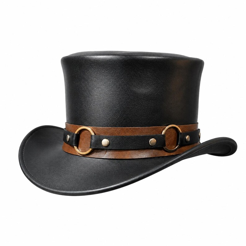 May include: A black top hat featuring a wide brown leather band around the base. The band is accented with a thinner black leather strap, two circular brass-toned metal rings, and small silver-toned metal studs securing the layers together.